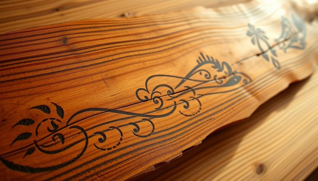 A beautifully weathered wooden plank, its surface etched with a series of intricate tattoo-inspired designs. The patterns flow organically, creating a visually striking and textural mosaic. Soft, warm lighting illuminates the natural grain, casting gentle shadows that accentuate the depth and detail of the markings. The overall composition conveys a sense of timelessness and the powerful, enduring nature of personal expression through body art.