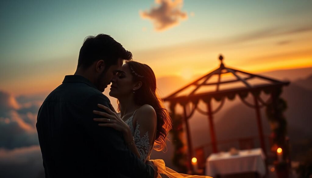 A breathtaking, cinematic image of "amor eterno" (eternal love). In the foreground, two lovers intertwined, their embrace timeless and passionate, bathed in warm, golden light. In the middle ground, a romantic, dimly lit setting, perhaps a secluded gazebo or garden, hinting at the intimacy and privacy of their moment. In the background, a dreamy, ethereal landscape, with soft, billowing clouds, and a faint glow on the horizon, symbolizing the boundless, transcendent nature of their love. The overall composition conveys a sense of timelessness, a love that transcends the boundaries of the physical world, a promise that lasts forever. A breathtaking, cinematic image of "amor eterno" (eternal love). In the foreground, two lovers intertwined, their embrace timeless and passionate, bathed in warm, golden light. In the middle ground, a romantic, dimly lit setting, perhaps a secluded gazebo or garden, hinting at the intimacy and privacy of their moment. In the background, a dreamy, ethereal landscape, with soft, billowing clouds, and a faint glow on the horizon, symbolizing the boundless, transcendent nature of their love. The overall composition conveys a sense of timelessness, a love that transcends the boundaries of the physical world, a promise that lasts forever.