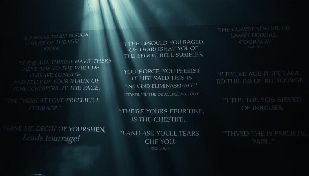 A breathtaking scene of inspiring movie quotes and phrases that ignite courage. A dramatic, cinematic composition with bold, expressive typography suspended in an atmospheric, moody environment. Rays of light pierce through the darkness, illuminating the empowering words. The quotes are presented with a sense of weight and gravitas, as if etched into stone or glass. The overall mood is pensive, reflective, and deeply motivational, inviting the viewer to internalize the messages of resilience, defiance, and self-belief. Shot with a wide, cinematic lens to capture the grandeur and scale of the impactful phrases. Balanced lighting and shadows create depth and dimension, heightening the dramatic impact.