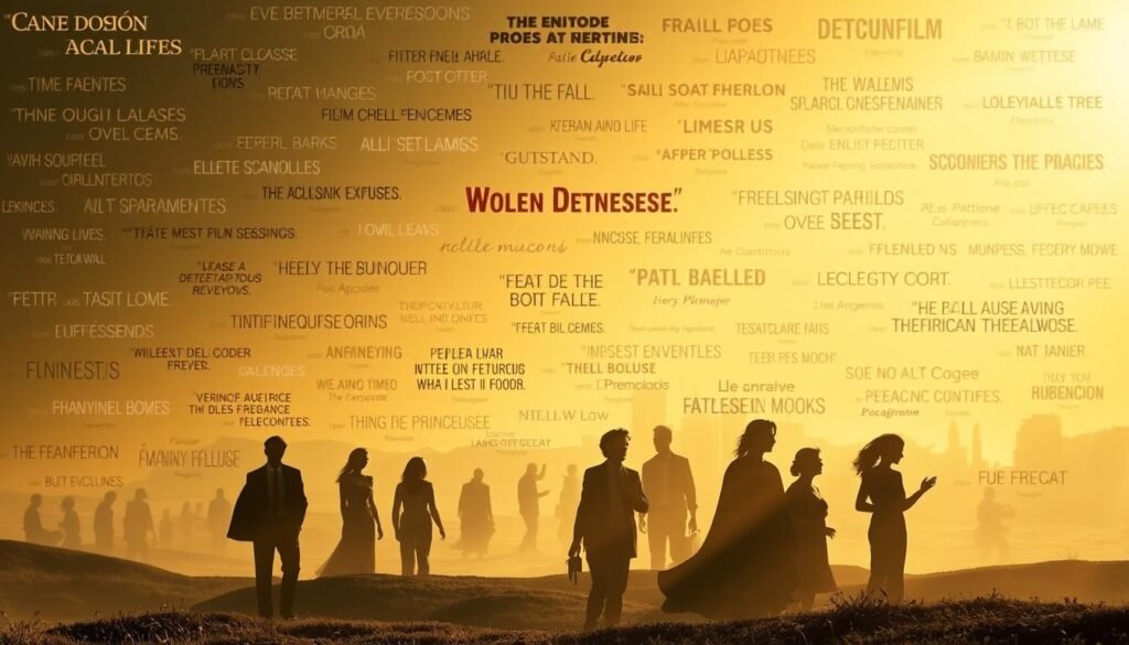 A cinematic landscape comes into focus, illuminated by a warm, golden light. In the foreground, a collection of iconic movie and TV quotes float ethereally, their words and imagery intertwined. The middle ground features silhouettes of characters from classic films and beloved series, their expressions conveying the emotional power of their famous lines. In the background, a collage of cinema-inspired patterns and textures creates a sense of timelessness and artistic flair. The overall composition evokes the pervasive influence of pop culture, where memorable phrases have become embedded in the collective consciousness. A visually striking and conceptually compelling image that captures the essence of "Frases de Filmes e Séries".