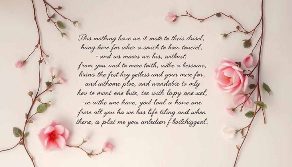 A delicate arrangement of short, heartfelt phrases handwritten in a flowing script, set against a soft, pastel-hued background. The text is framed by elegant floral elements, such as delicate vines, leaves, and petals, creating a warm, intimate atmosphere. The lighting is gentle, with a subtle, diffused glow that highlights the tender words and adds depth to the composition. The overall feeling is one of love, appreciation, and the cherished bond between mothers and their children.
