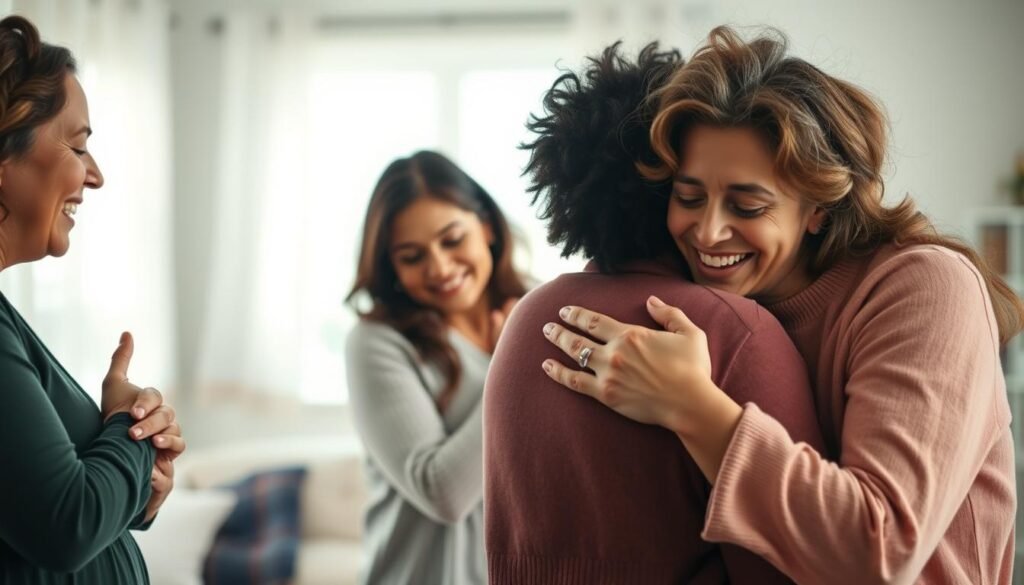A heartfelt and tender scene of mothers expressing their love and emotions. In the foreground, a group of women of diverse ages and backgrounds, their faces radiating warmth and affection as they embrace and hold each other close. Their expressions convey a range of emotions - joy, pride, gratitude - reflecting the profound bond between mother and child. The middle ground showcases a soft, blurred background of a cozy domestic setting, hinting at the loving homes and nurturing environments that these mothers have created. Gentle, diffused lighting casts a soothing, ethereal glow, enveloping the scene in a sense of intimacy and cherished moments. An atmosphere of unconditional love, comfort, and the profound impact that mothers have on the lives of their children.