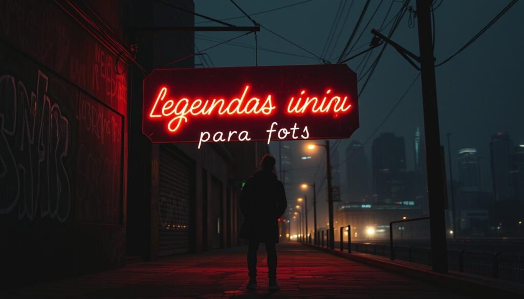 A high-contrast, film-noir inspired scene with a neon sign that reads "Legendas únicas para fotos" in a vintage, hand-painted style. The sign is suspended above a dimly lit alleyway, casting an ethereal glow on the cracked pavement and graffiti-covered walls. In the foreground, a lone figure stands, their face obscured by shadow, contemplating the sign. The background is a hazy cityscape, with towering skyscrapers and the faint glow of streetlights. The overall mood is one of introspection and artistic inspiration, inviting the viewer to imagine the unique captions and stories that could be captured in this evocative setting.