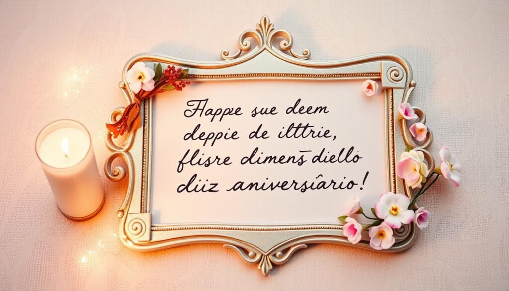 A romantic birthday card with a soft, warm lighting, featuring an ornate frame decorated with delicate floral elements. Inside the frame, a handwritten message in cursive script conveys heartfelt wishes for a joyous and special birthday celebration. The background is a dreamy, pastel-colored textured surface, creating a cozy, intimate atmosphere. The overall composition evokes a sense of elegance, sincerity, and sentimental charm, perfectly capturing the essence of "Frases de Feliz Aniversário Românticas".