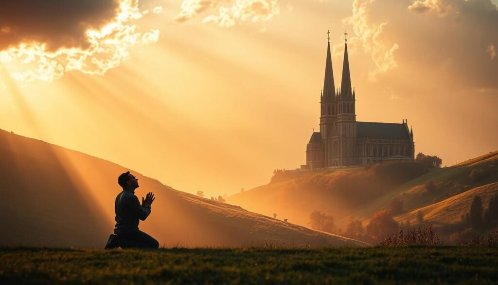 A serene and ethereal landscape, where the power of faith in God radiates through the scene. In the foreground, a lone figure kneels in reverent prayer, their hands clasped and eyes closed, their expression one of deep devotion. Beams of warm, golden light filter through wispy clouds, casting a divine glow upon the figure and the lush, verdant hills surrounding them. In the distance, a grand, majestic cathedral stands tall, its steeple reaching towards the heavens, a symbol of the transformative power of unwavering belief. The overall atmosphere is one of profound spiritual enlightenment, where the strength of faith can be felt in every element of the composition. A serene and ethereal landscape, where the power of faith in God radiates through the scene. In the foreground, a lone figure kneels in reverent prayer, their hands clasped and eyes closed, their expression one of deep devotion. Beams of warm, golden light filter through wispy clouds, casting a divine glow upon the figure and the lush, verdant hills surrounding them. In the distance, a grand, majestic cathedral stands tall, its steeple reaching towards the heavens, a symbol of the transformative power of unwavering belief. The overall atmosphere is one of profound spiritual enlightenment, where the strength of faith can be felt in every element of the composition.