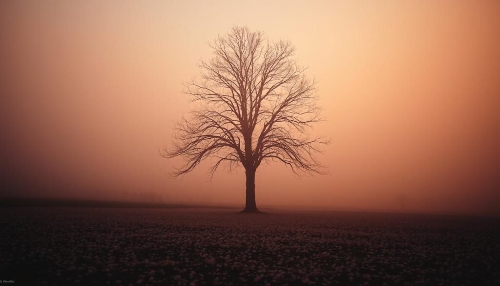 A serene and solitary landscape, shrouded in a soft, ethereal glow. In the foreground, a single, towering tree stands, its bare branches reaching skyward, evoking a sense of eternal longing. The ground is blanketed in a layer of delicate, fallen petals, hinting at the fleeting nature of life. The background fades into a tranquil, mist-shrouded horizon, suggesting a realm beyond our earthly plane. Warm, ambient lighting bathes the scene, creating a contemplative and introspective atmosphere. The overall composition conveys a profound sense of reverence, loss, and the timeless quality of memory.