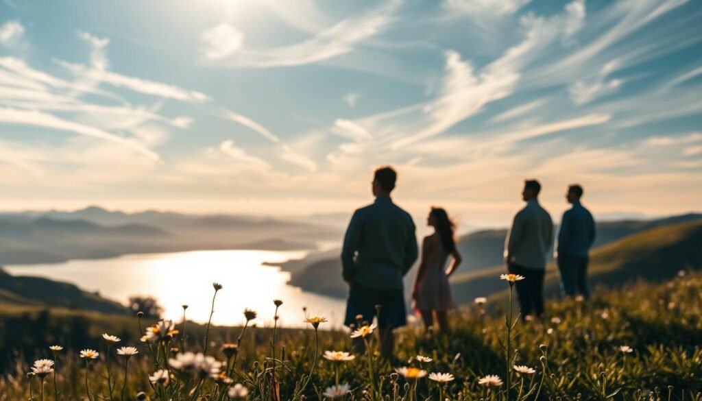 A serene landscape with rolling hills and a peaceful lake, bathed in soft, golden light. In the foreground, delicate flowers bloom, symbolizing faith and hope. Wispy clouds drift across a vibrant blue sky, evoking a sense of tranquility. Silhouetted figures stand on the shoreline, gazing out with expressions of contemplation and renewal. The scene radiates a sense of calm resilience, inviting the viewer to find solace and inspiration in the power of faith and the promise of a brighter future.