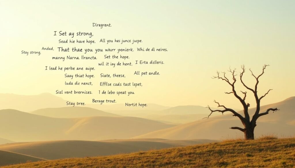 A serene landscape with rolling hills and a soft, hazy sky. In the foreground, a cluster of simple, handwritten phrases in various languages float gently, their soft edges and muted colors conveying a sense of comfort and resilience. The phrases offer words of encouragement, reminding the viewer to stay strong, have hope, and find the courage to overcome life's challenges. The middle ground features a lone, weathered tree, its branches reaching upwards, a symbol of growth and renewal. The background is bathed in a warm, golden light, creating an atmosphere of tranquility and introspection. The overall scene is a visual representation of the power of words to provide solace and inspiration during difficult times.