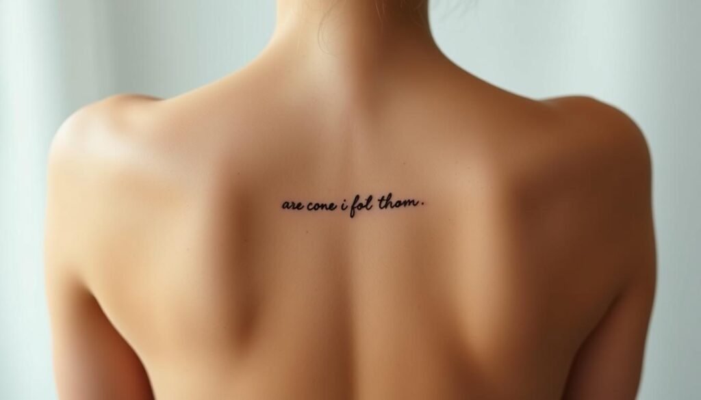 A serene, tranquil back canvas with a delicate, minimalist tattoo design along the spine. The skin has a warm, soft glow, highlighted by gentle, diffused lighting. The tattoo features a simple, elegant script with a meaningful phrase, rendered in a beautiful, flowing calligraphy. The composition emphasizes the natural contours of the back, creating a harmonious, understated aesthetic. The overall mood is one of quiet introspection and personal significance, reflecting the intimate nature of a back tattoo.