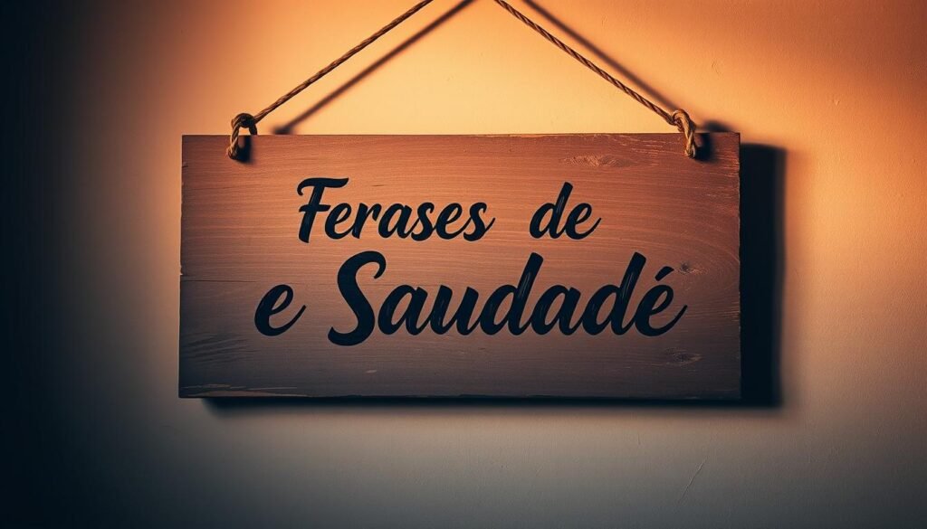 A somber, hand-painted sign with textured brushstrokes, showcasing the words "Frases de Luto e Saudade" in a calligraphic font, set against a muted, moody background. The sign hangs from a weathered wooden frame, casting a soft, melancholic shadow. The lighting is warm and diffused, evoking a sense of contemplation and reverence. The overall composition radiates a profound sense of loss and longing, capturing the essence of the section title "Frases de Luto e Saudade para Expressar a Dor da Perda".