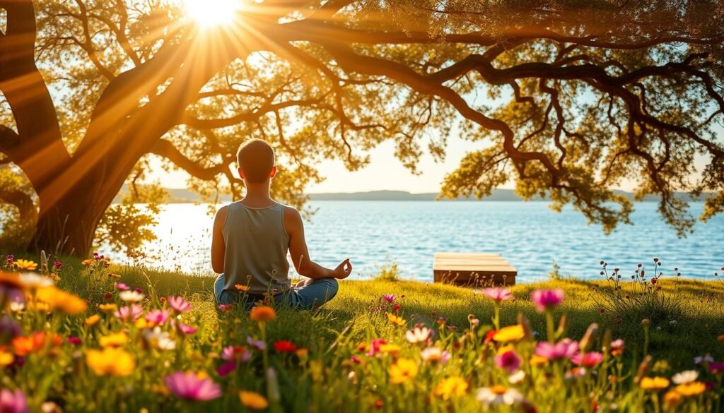 A tranquil, sun-dappled meadow, filled with vibrant wildflowers in shades of gold, purple, and crimson. In the distance, a serene lake reflects the azure sky, its calm waters rippling gently. A wooden dock juts out from the shore, inviting the viewer to sit and contemplate. Rays of warm, golden light filter through the canopy of ancient oak trees, casting a serene, contemplative atmosphere. At the center of the scene, a person sits cross-legged, eyes closed, hands resting on their knees in a meditative pose, deeply immersed in spiritual renewal and connection with the natural world. A tranquil, sun-dappled meadow, filled with vibrant wildflowers in shades of gold, purple, and crimson. In the distance, a serene lake reflects the azure sky, its calm waters rippling gently. A wooden dock juts out from the shore, inviting the viewer to sit and contemplate. Rays of warm, golden light filter through the canopy of ancient oak trees, casting a serene, contemplative atmosphere. At the center of the scene, a person sits cross-legged, eyes closed, hands resting on their knees in a meditative pose, deeply immersed in spiritual renewal and connection with the natural world.