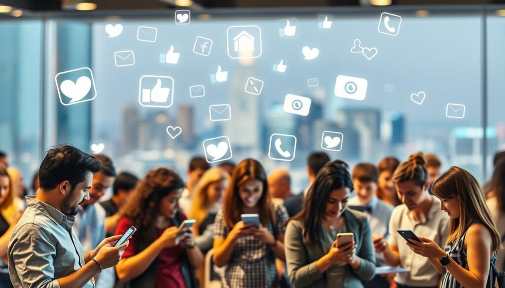 A vibrant social media engagement scene with people interacting on various platforms. In the foreground, a group of diverse individuals using smartphones, laptops, and tablets to post, comment, and share content. The middle ground features floating icons and symbols representing likes, shares, and notifications, creating a sense of dynamic digital connectivity. The background showcases a blurred city skyline, suggesting the global nature of social media interactions. The lighting is soft and warm, creating a inviting atmosphere that captures the excitement and energy of online engagement.