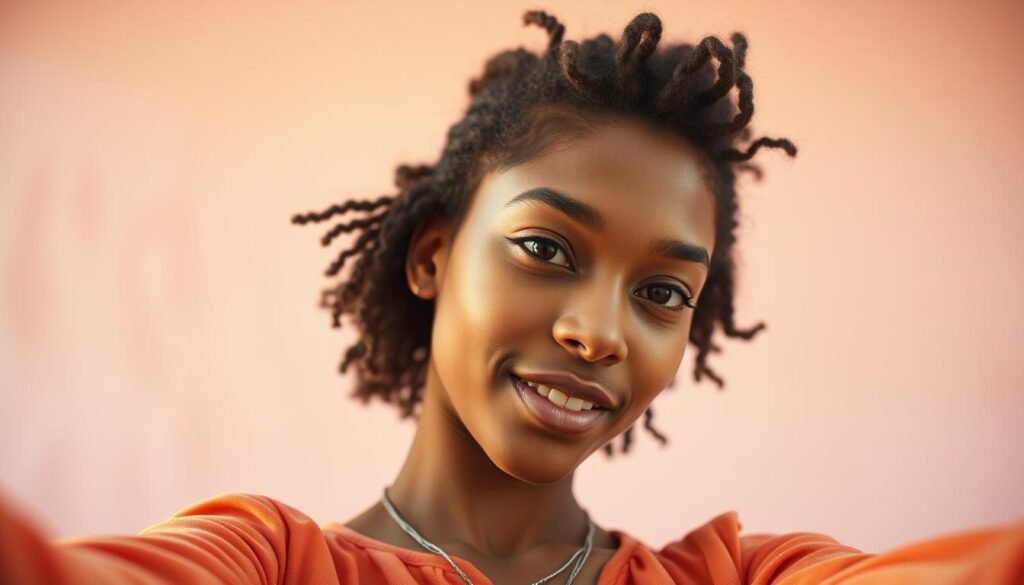 A visually captivating and expressive selfie scene featuring a youthful, vibrant figure set against a blurred, pastel-toned backdrop. The subject's face is captured in a dynamic, three-quarter angle, with warm, natural lighting highlighting their features and conveying a sense of confidence and personal style. The overall composition creates a sense of movement and energy, inviting the viewer to imagine the subject's personality and story. The image is free of any text or overlays, allowing the viewers to engage with the visuals and draw their own interpretations.