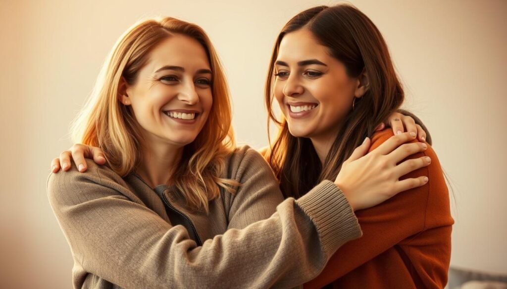 Two close friends, arms around each other, sharing a moment of genuine warmth and connection. The scene is bathed in soft, golden light, conveying a sense of intimacy and affection. Their expressions radiate genuine fondness and care, reflecting the depth of their friendship. The background is gently blurred, keeping the focus on the two individuals and their heartfelt bond. The composition is balanced and harmonious, capturing the essence of a true, unwavering friendship. Two close friends, arms around each other, sharing a moment of genuine warmth and connection. The scene is bathed in soft, golden light, conveying a sense of intimacy and affection. Their expressions radiate genuine fondness and care, reflecting the depth of their friendship. The background is gently blurred, keeping the focus on the two individuals and their heartfelt bond. The composition is balanced and harmonious, capturing the essence of a true, unwavering friendship.